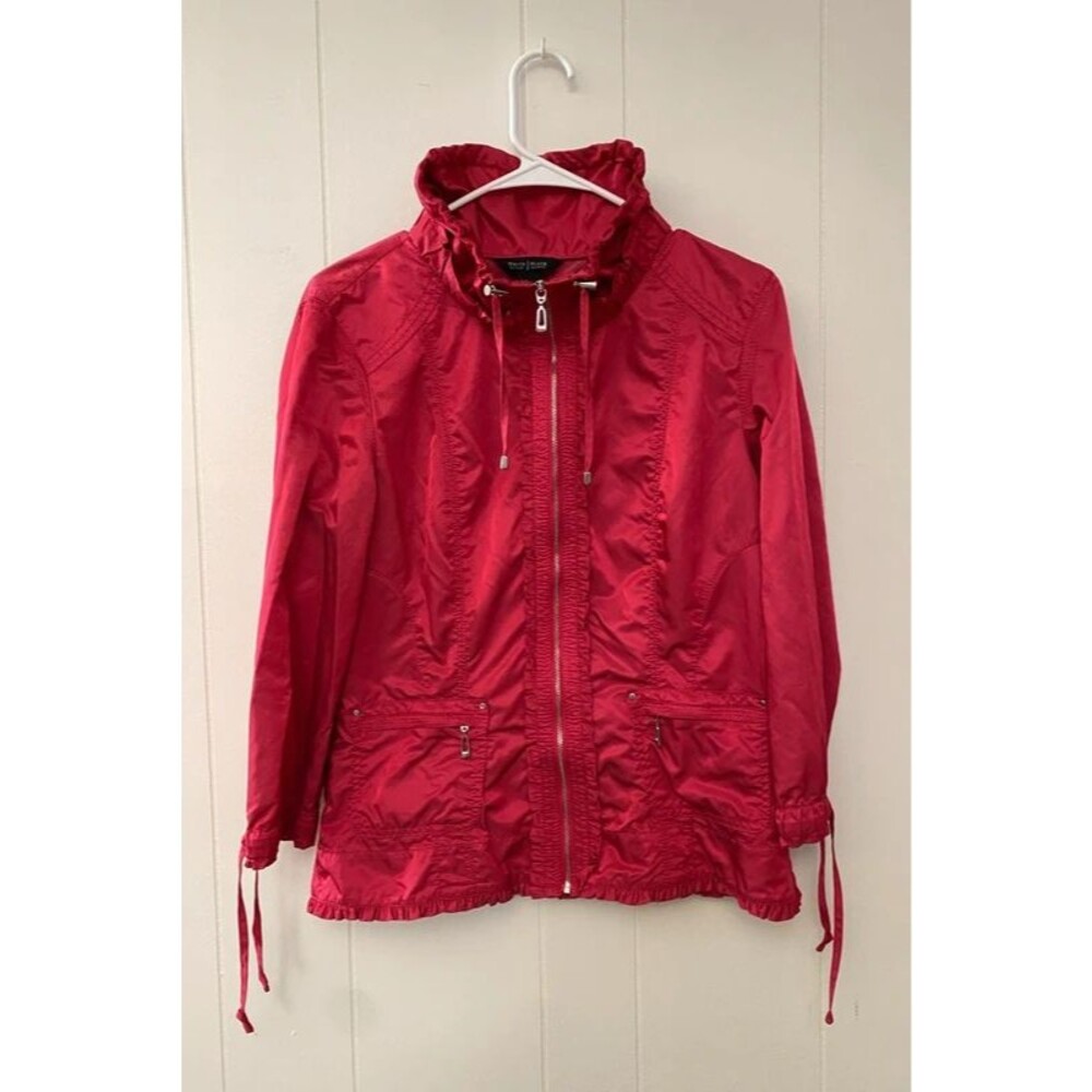 Women's White House Black Market Berry Red Ruffle Windbreaker Jacket Size 12